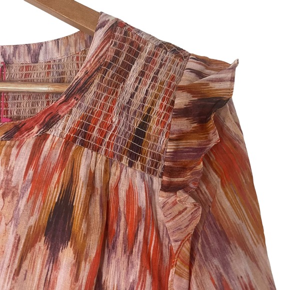 NWT Parker revolve Cotton Ikat smocked blouse with shoulder ruffles tie at neck - Picture 4 of 7